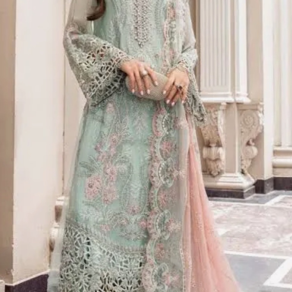 Pakistani Maria B sake as original Elegant Embroidered Dress in Mint and Pink
